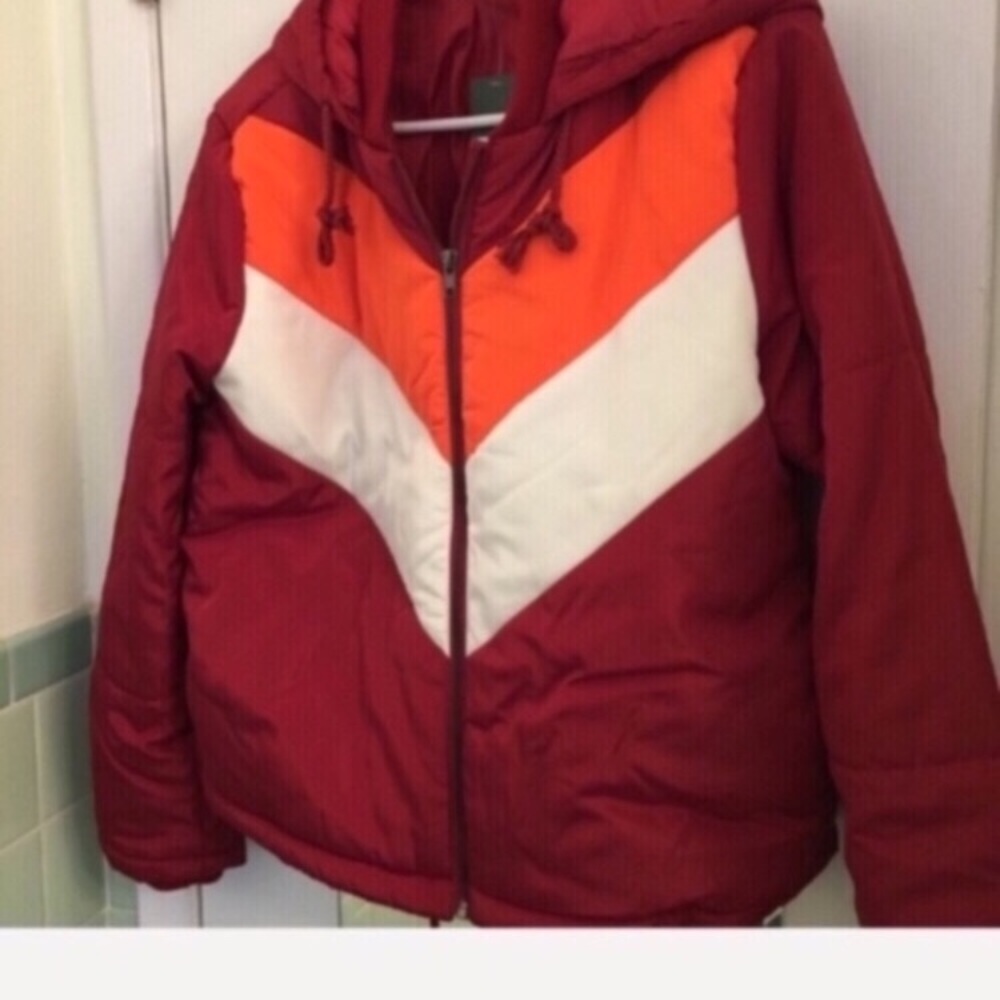 NEW red puffer orange & white design attached hood